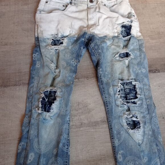 Copper Rivet Jeans Bandana Print Paint Dip Ripped Slim Fit Blue Pants 36/32 - Picture 2 of 6